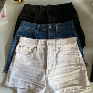 Madewell denim shorts, in white, blue, and black; all size 25